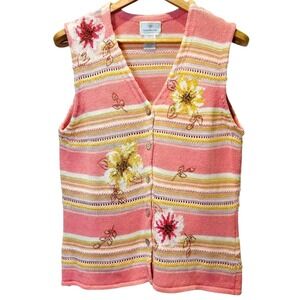 Vintage '97 Floral Embroidered‎ Knit Vest Large Pink Stripe Dopamine Grandmacore